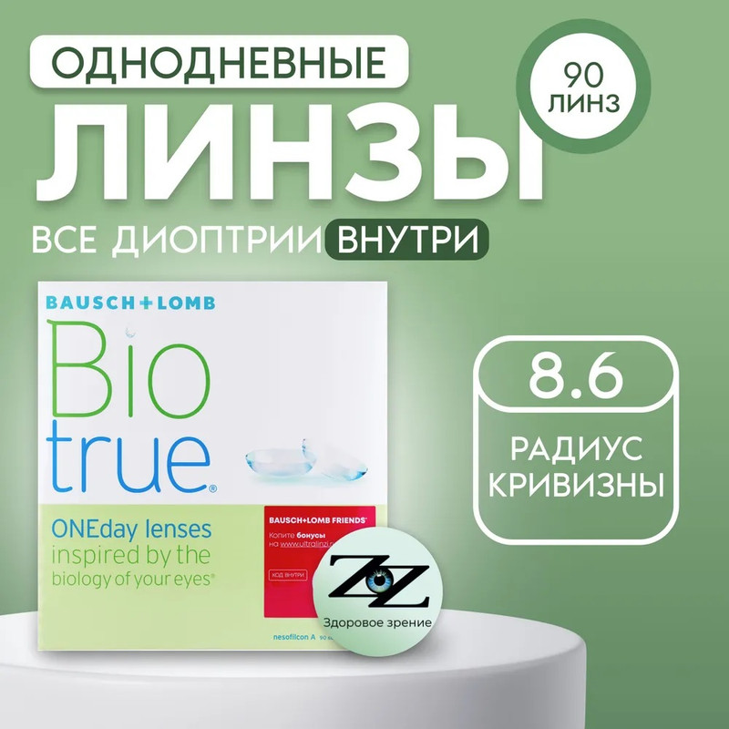 Контактные линзы Bausch + Lomb, Biotrue ONEday lens, однодневные, -1.25 / 8.6, 90 шт.