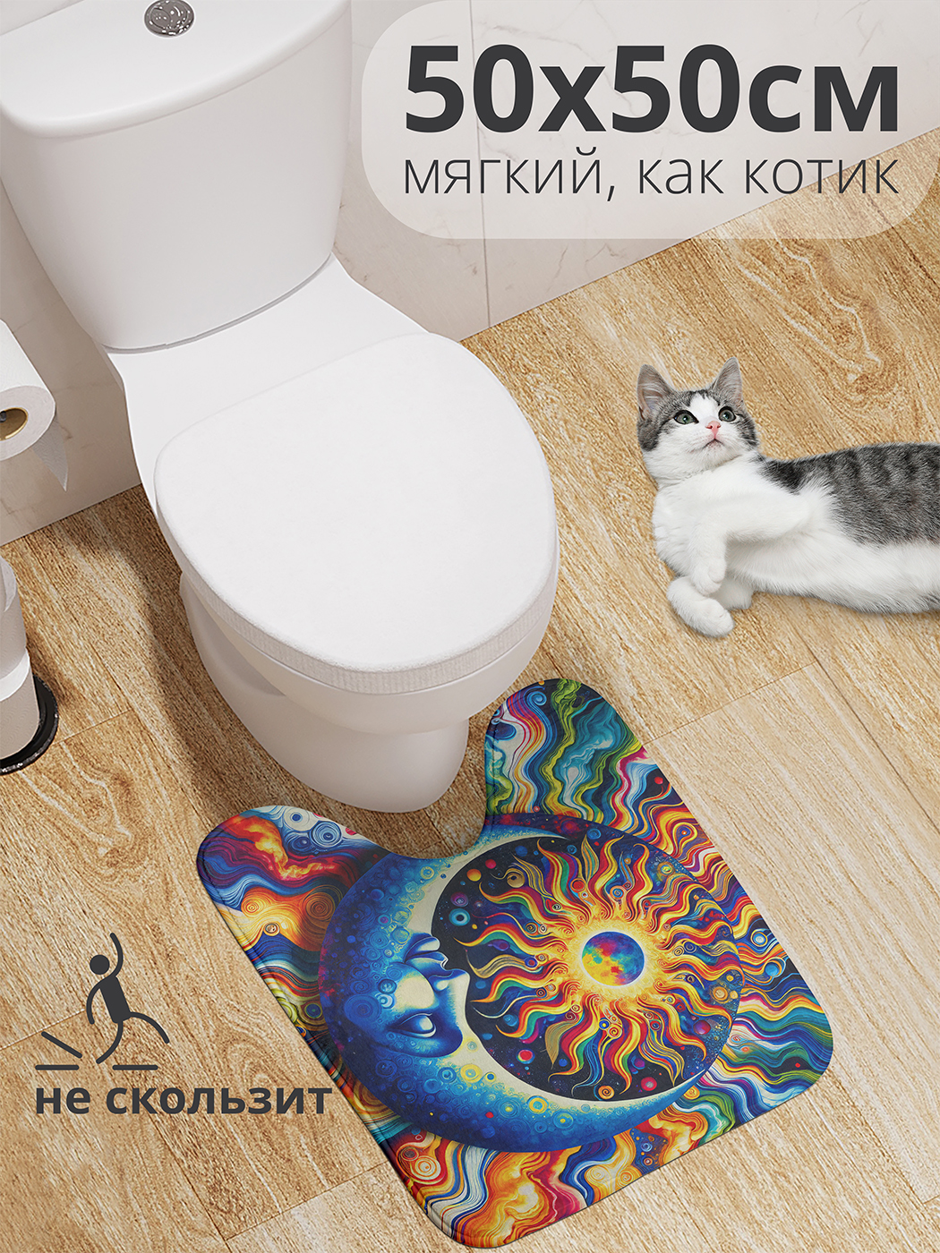 

Коврик для туалета с вырезом JoyArty "Солнце и Луна" 50x50, wcbath_sd1560_50x50