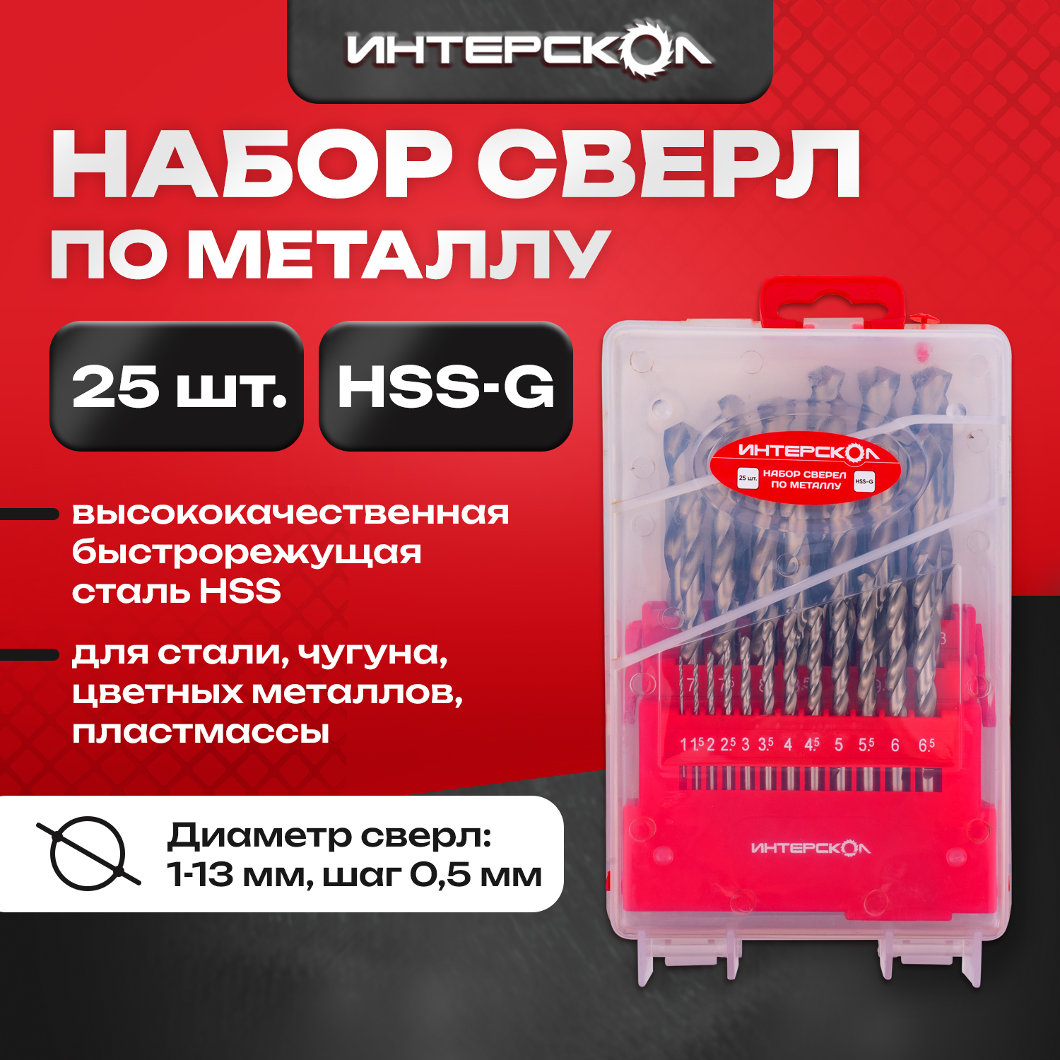 Набор сверел по металлу HSS-G 25 шт 18101025 Интерскол 4590₽