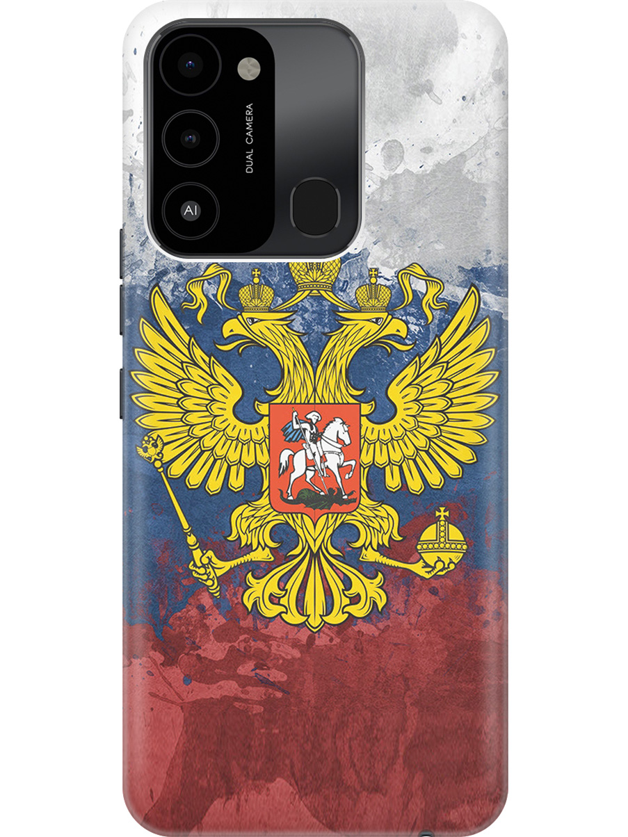 

Силиконовый чехол на Tecno Spark 8C "Герб и Флаг РФ", Голубой;желтый;красный, 20001472