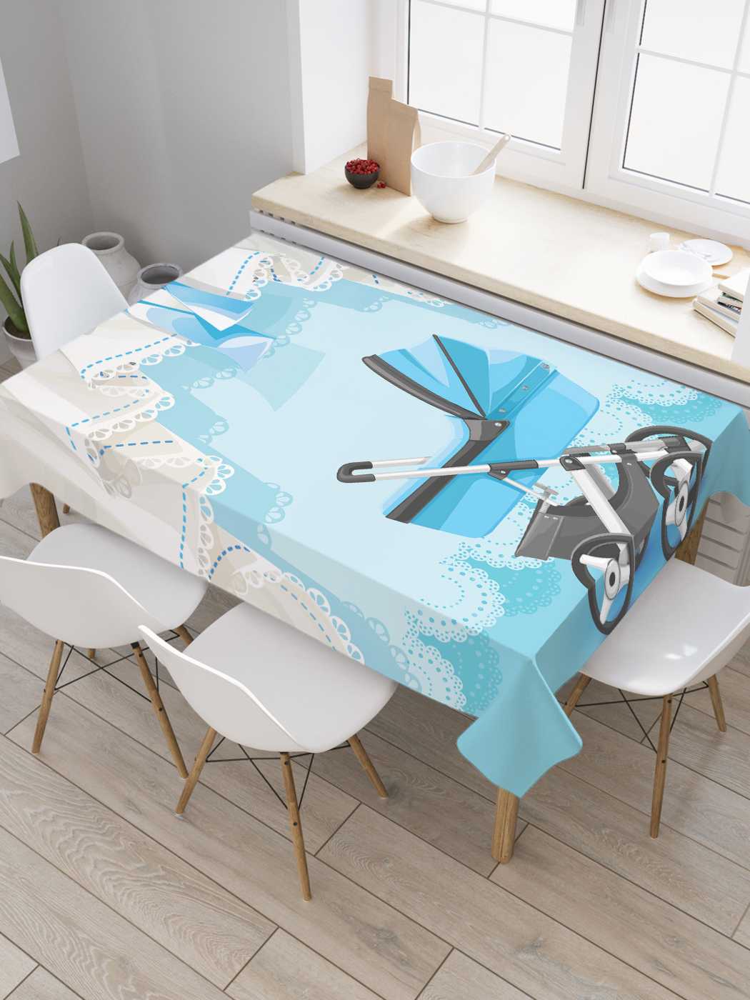 

Скатерть прямоугольная JoyArty "Коляска в голубых оборках" из оксфорда, 180x145 см, Голубой, Коляска в голубых оборках
