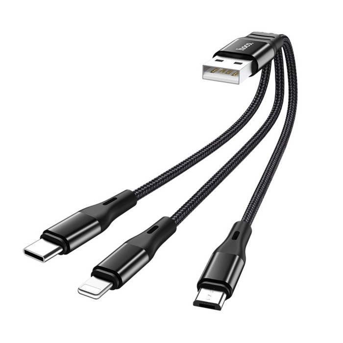 

Кабель Hoco X47, 3 в 1 Lightning/Micro/Type-C - USB, 2.4 А, 0.25 м, ткань, чёрный