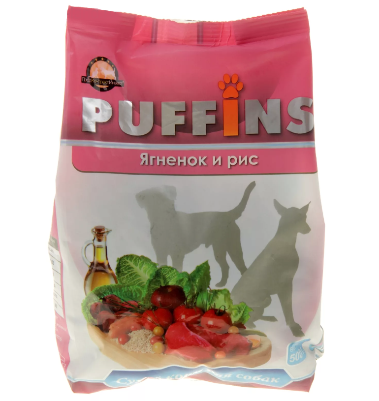 Сухой корм для собак Puffins, ягненок и рис, 500 г