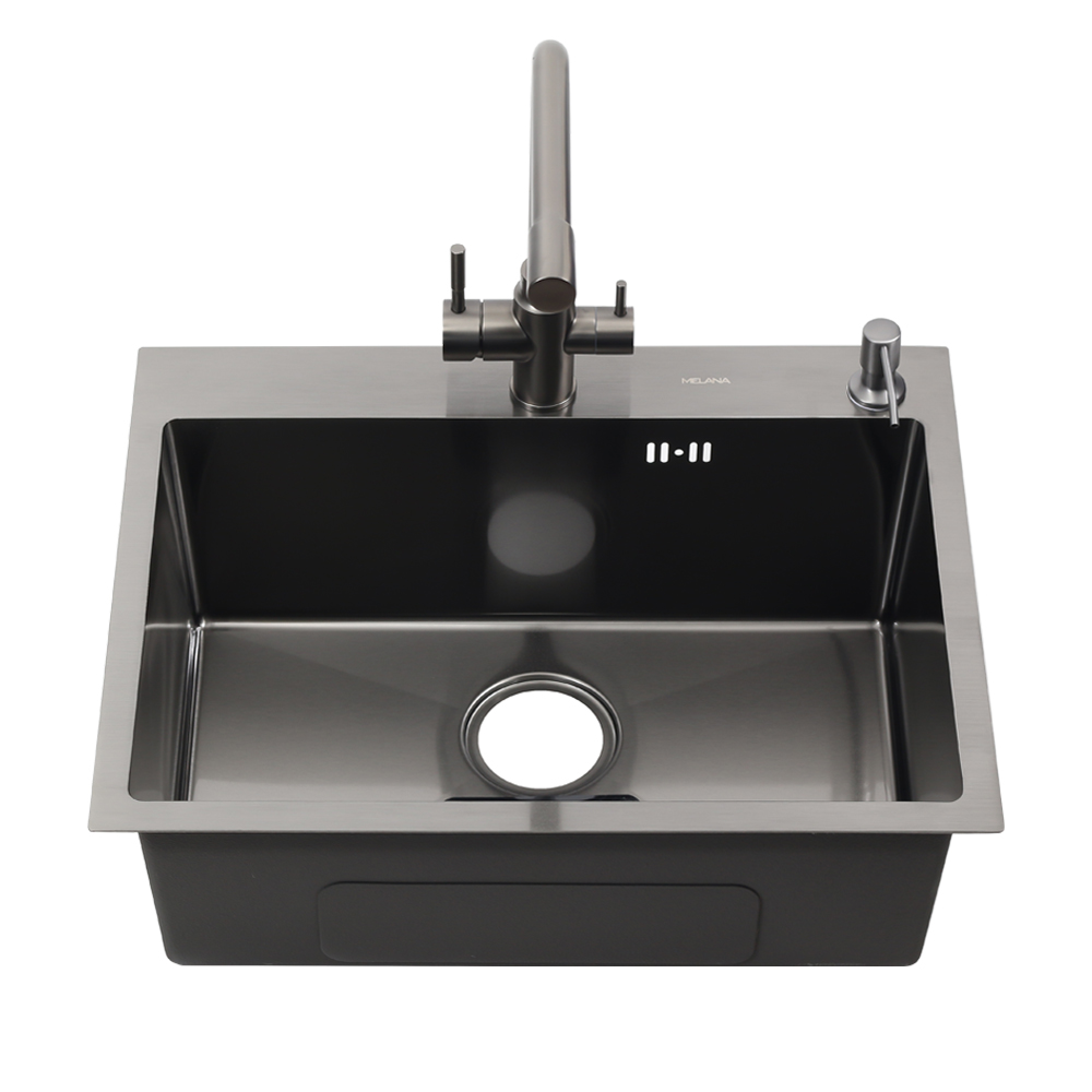 Мойка для кухни MELANA ProfLine MLN-D6045HB комплект со смесителем и дозатором графит смеситель для ванны melana