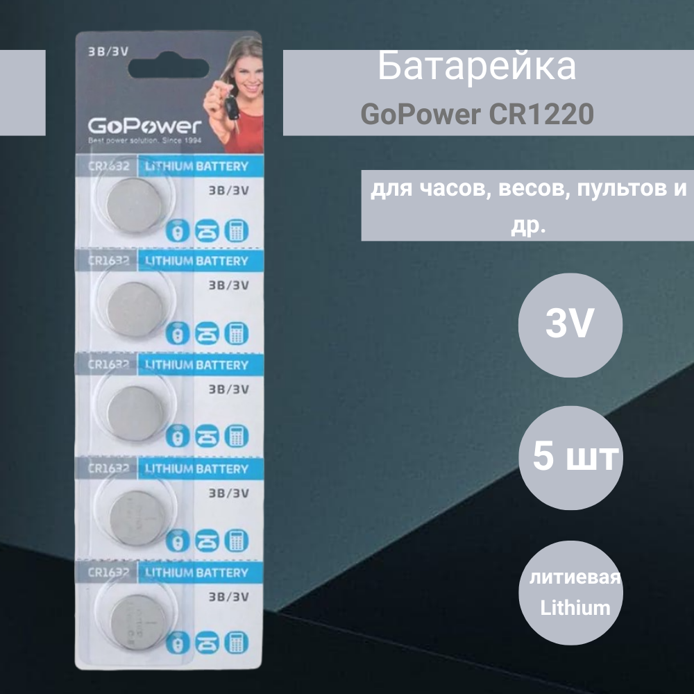 Батарейка GoPower CR1220 Lithium 3V (5 шт)