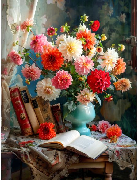 

Алмазная мозаика без подрамника Георгины, 90x70 см, 50 цветов, 87307, РА-893