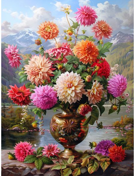 

Алмазная мозаика без подрамника Георгины, 70x50 см, 50 цветов, 87276, РА-890