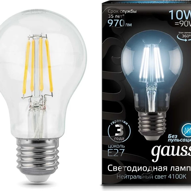

Лампа филаментная GAUSS E27, груша, 10Вт, A60, одна шт. 102802210, Лампа филаментная GAUSS E27, груша, 10Вт, A60, одна шт. [102802210]