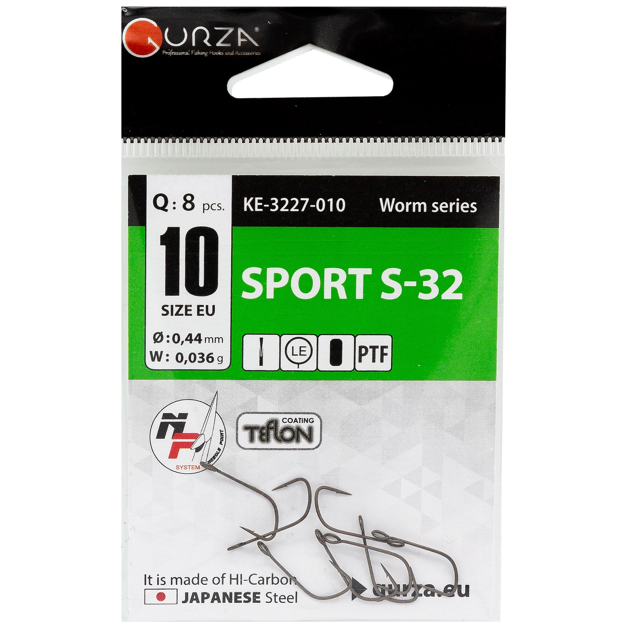 Крючки одинарные Gurza Sport S32 ptf, размер 10 8 шт