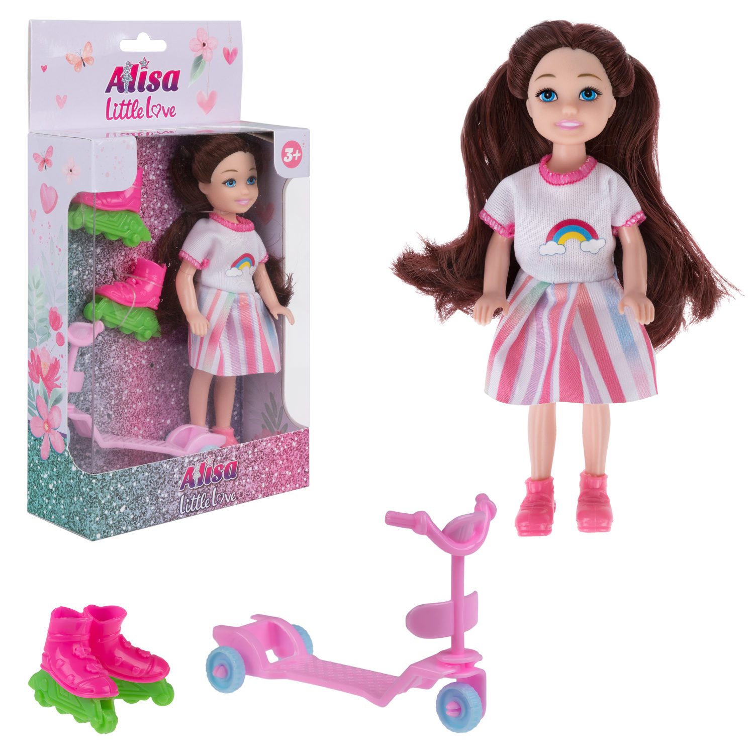 

Кукла 1toy Alisa Little Love 15,2 см брюнет, с роликами и самокатом, Т24372