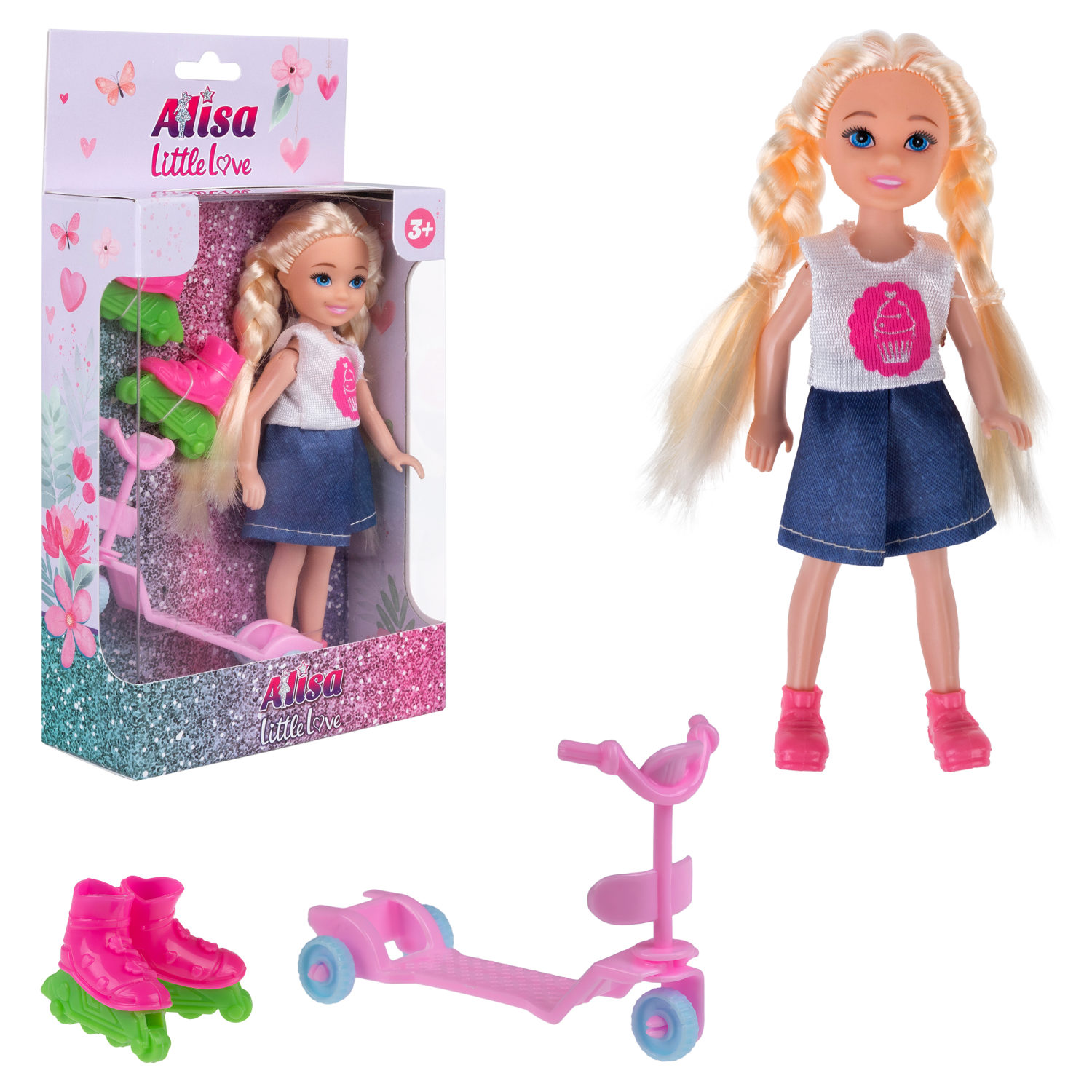 Кукла 1toy Alisa Little Love 15,2 см блонд с косич, с роликами и самокатом