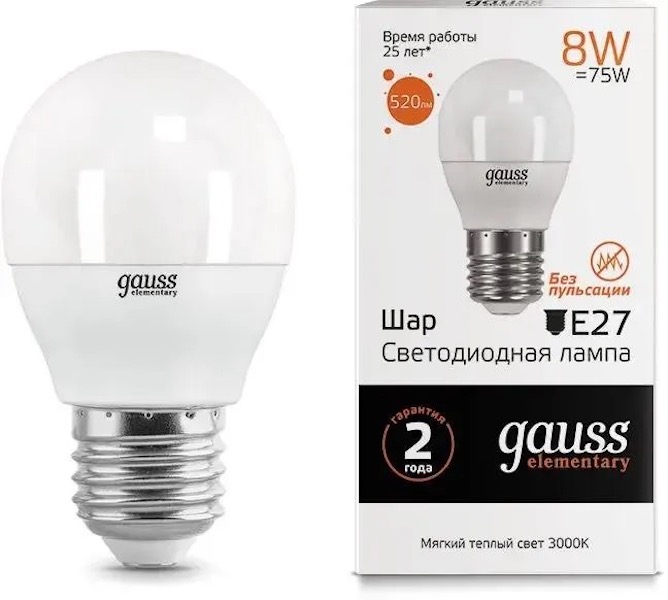 

Лампа LED GAUSS E27, шар, 8Вт, одна шт. 53218, Лампа LED GAUSS E27, шар, 8Вт, одна шт. [53218]