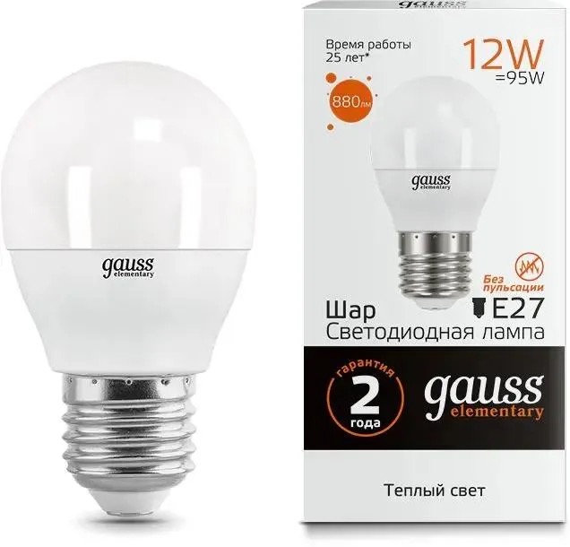 

Лампа LED GAUSS E27, шар, 12Вт, одна шт. 53212, Лампа LED GAUSS E27, шар, 12Вт, одна шт. [53212]
