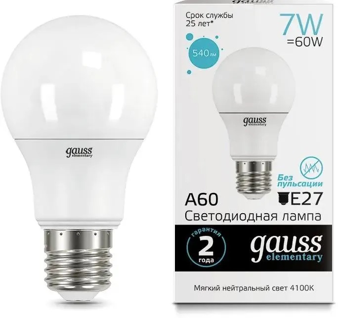 

Лампа LED GAUSS E27, груша, 7Вт, A60, одна шт. 23227a, Лампа LED GAUSS E27, груша, 7Вт, A60, одна шт. [23227a]