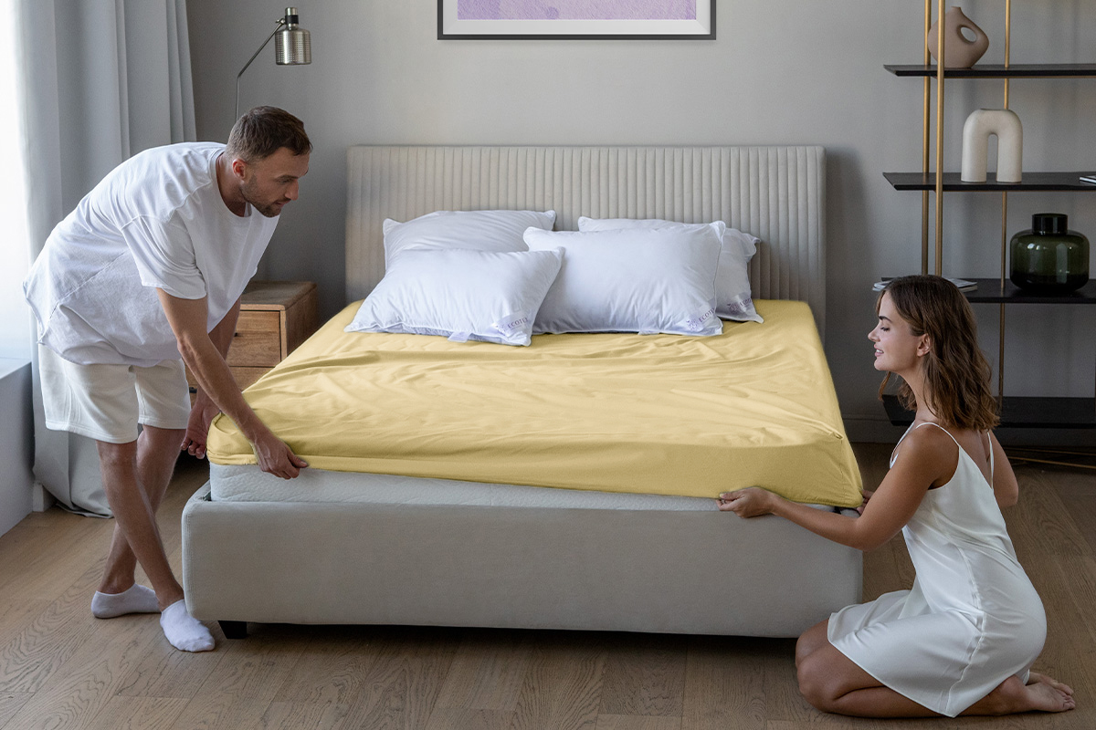 

Простыня натяжная на резинке 90x200x20 Ecotex Трикотажная, 100% хлопок, бежевый, Трикотажная ПРТ
