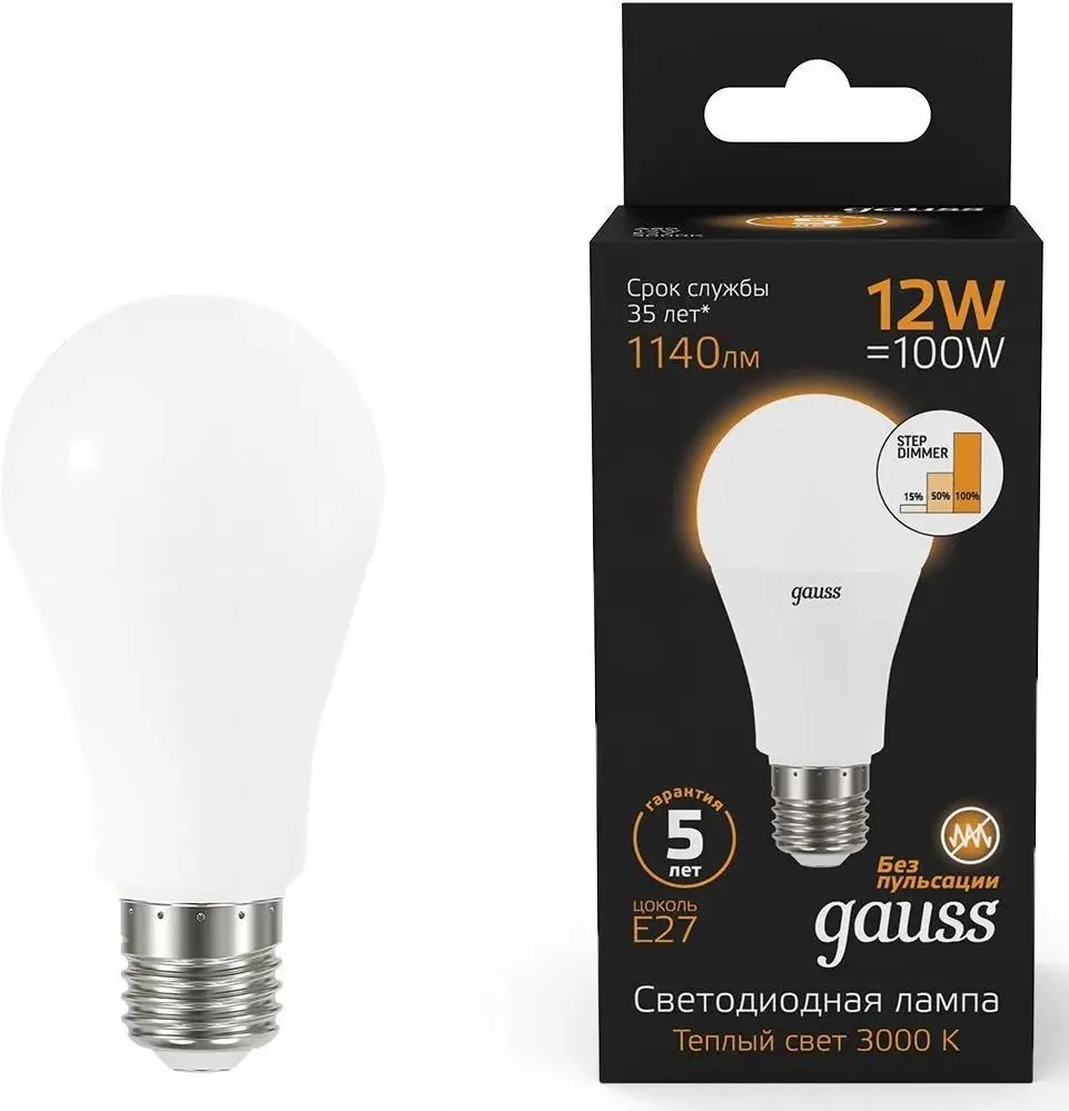 

Лампа LED GAUSS E27, груша, 12Вт, 102502112-S, одна шт.