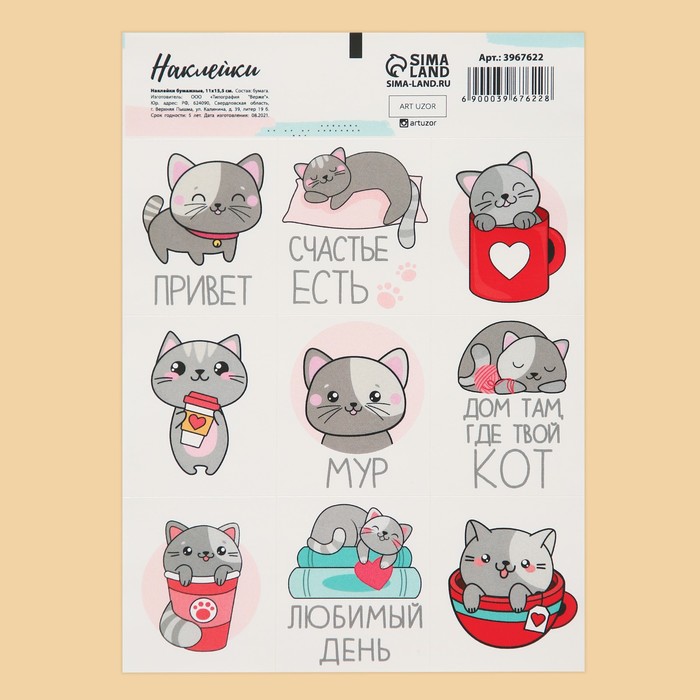 

Наклейки бумажные Котик , 11  15,5 см (5 шт.), Разноцветный