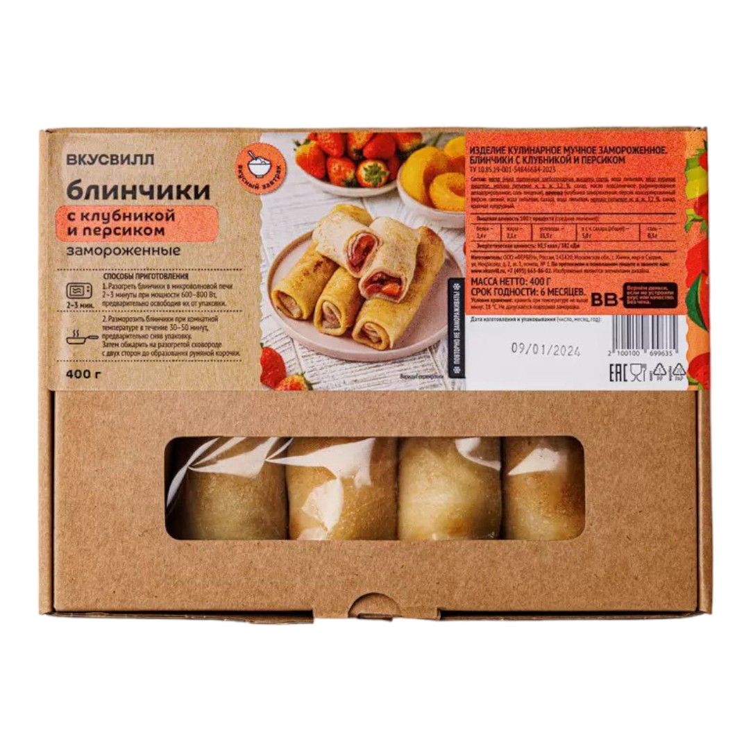

Блинчики ВкусВилл с клубникой и персиком замороженные 400 г