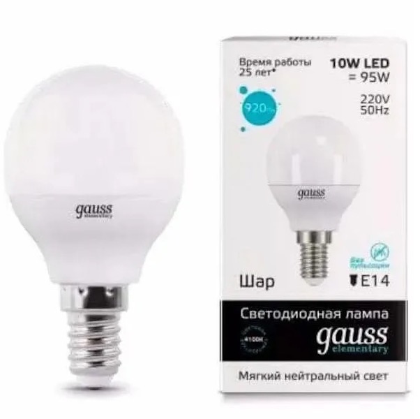 

Лампа LED GAUSS E14, шар, 10Вт, одна шт. 53120, Лампа LED GAUSS E14, шар, 10Вт, одна шт. [53120]