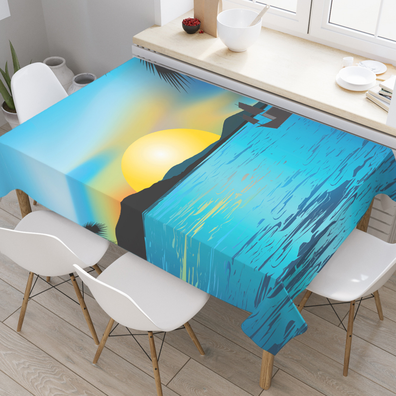 

Скатерть прямоугольная JoyArty "Тропический закат" из оксфорда, 180x145 см, Голубой, Тропический закат