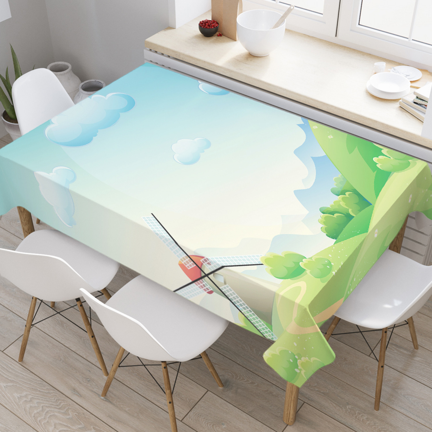 

Скатерть прямоугольная JoyArty "Ветряная мельница в долине" из оксфорда, 180x145 см, Голубой, Ветряная мельница в долине