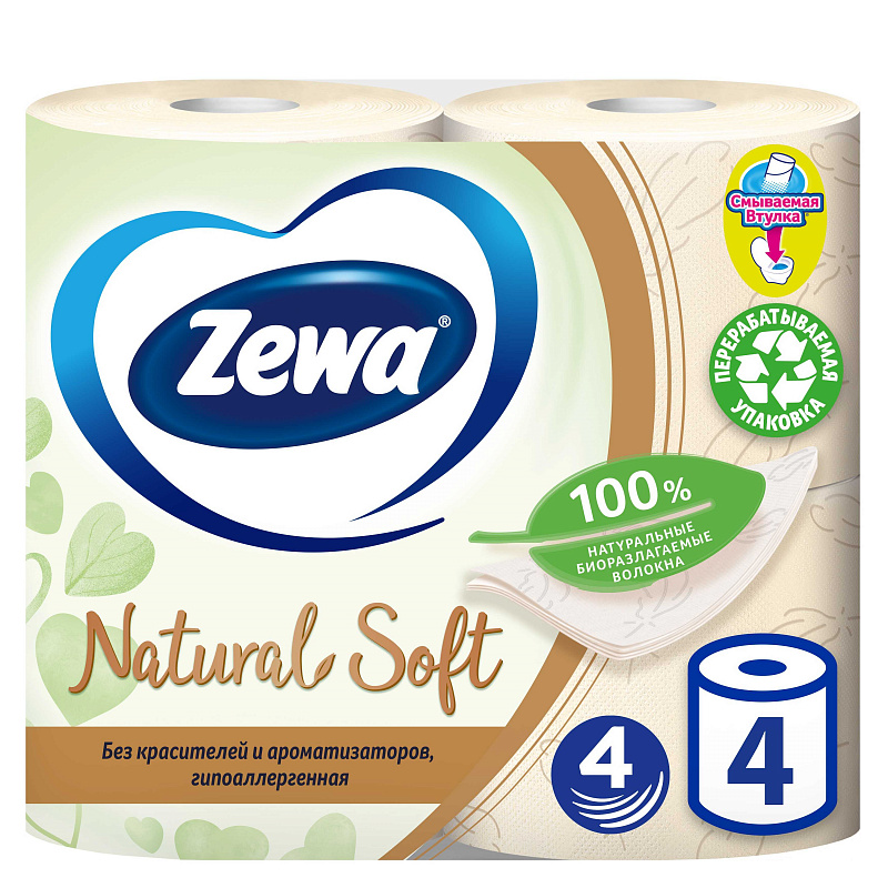 

Туалетная бумага Zewa Natural Soft четырехслойная 4 рулона, Белый