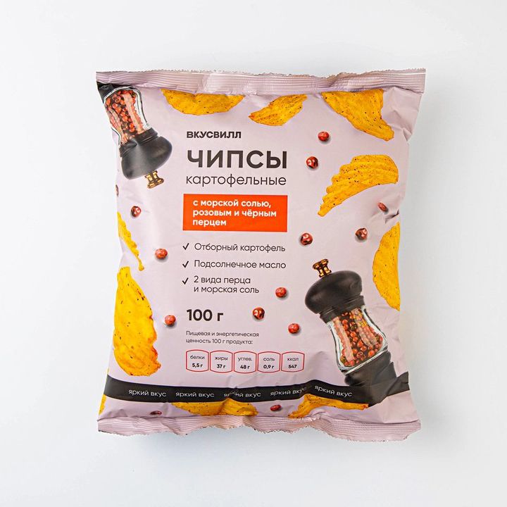 

Чипсы картофельные ВкусВилл с морской солью, розовым и черным перцем 100 г