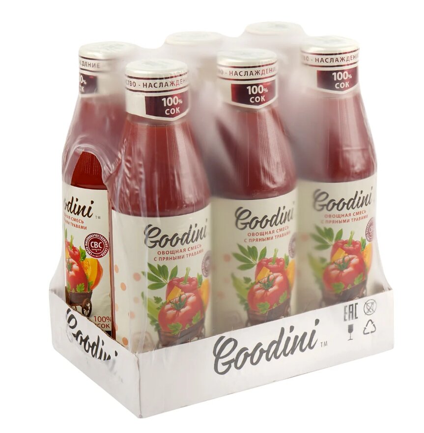 

Сок Goodini "Овощная смесь с пряными травами", бут. 0.75 упаковка (6 шт)