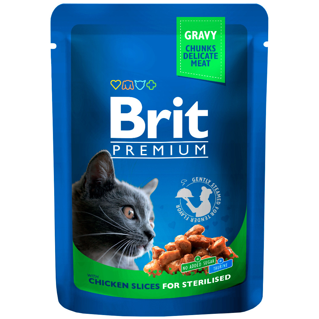 фото Влажный корм для кошек brit premium chicken slices for sterilised, курица, 24шт по 100г