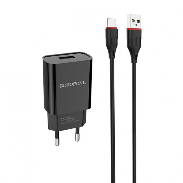 

Сетевое зарядное устройство Borofone BA20A, 1xUSB, Type-C, 2,1 A, black, BA20A