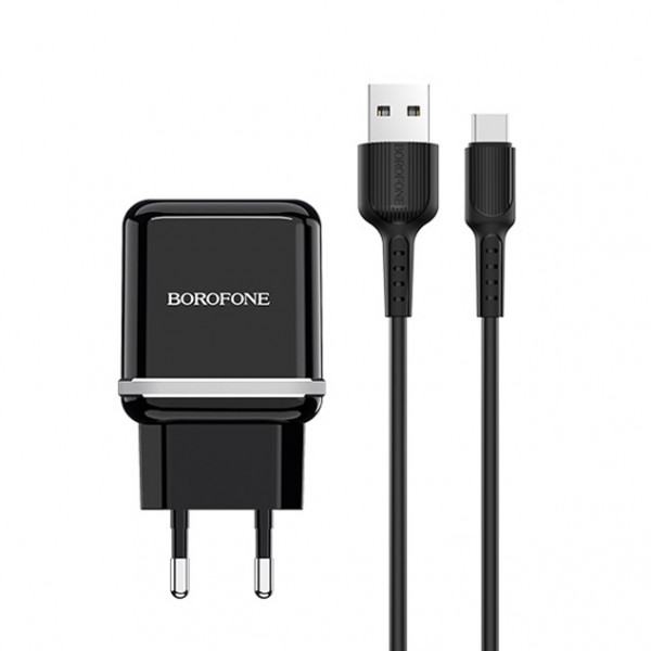 фото Сетевое зарядное устройство borofone ba25a, 2xusb, type-c, 2,4 a, black