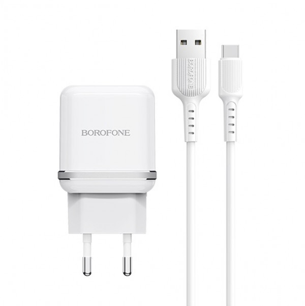 фото Сетевое зарядное устройство borofone ba25a, 2xusb, type-c, 2,4 a, white