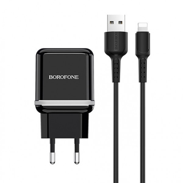 фото Сетевое зарядное устройство borofone ba25a, lightning, 2xusb, 2,4 a, black