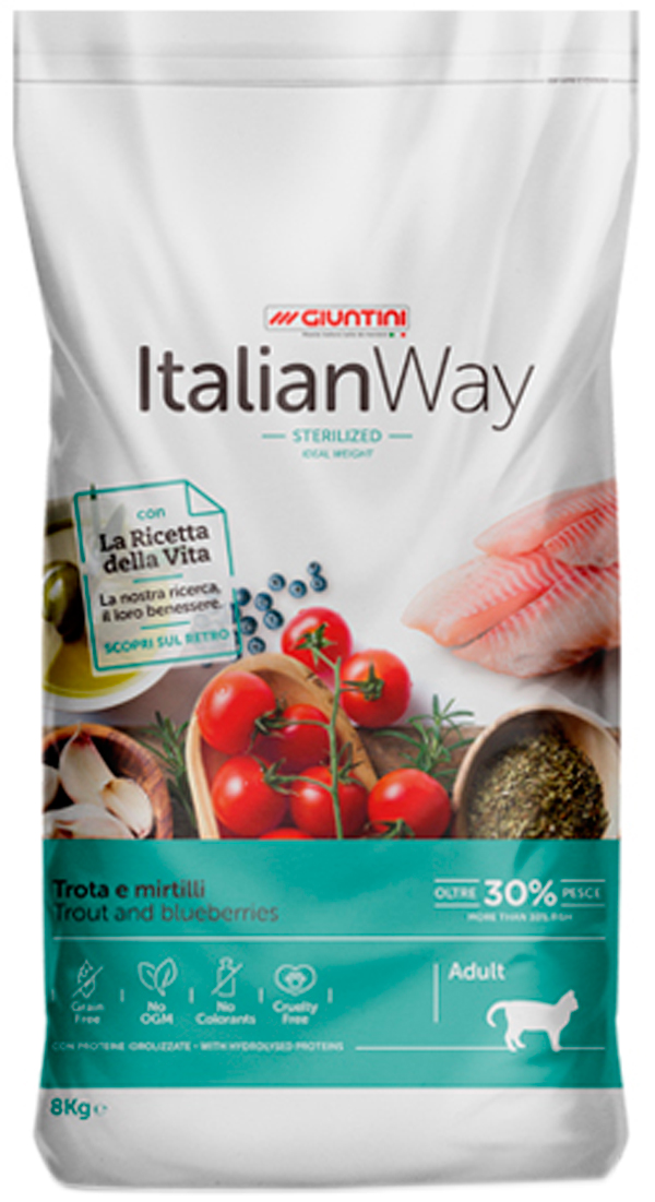 фото Сухой корм для кошек italian way adult sterilised ideal weight с форелью и черникой, 0,4кг