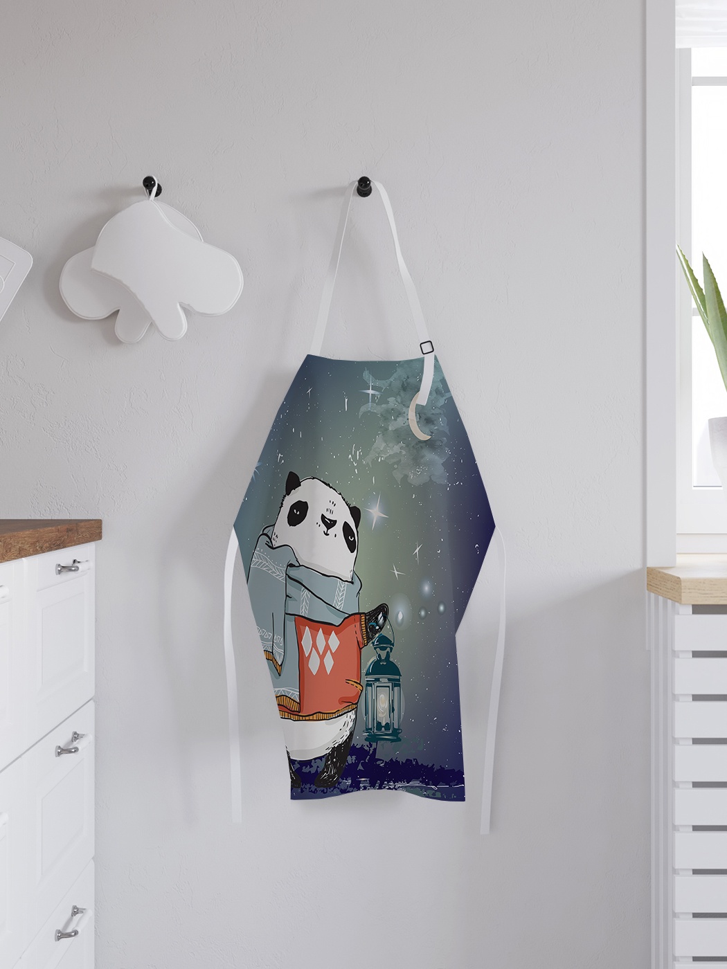 фото Фартук кухонный регулируемый "панда с фонарем под звездным небом", универсальный размер joyarty