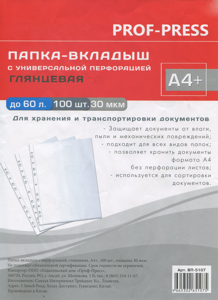 

Папка-вкладыш с перфорацией "Глянцевая", А4+, 30 мкм, 100 штук, Прозрачный