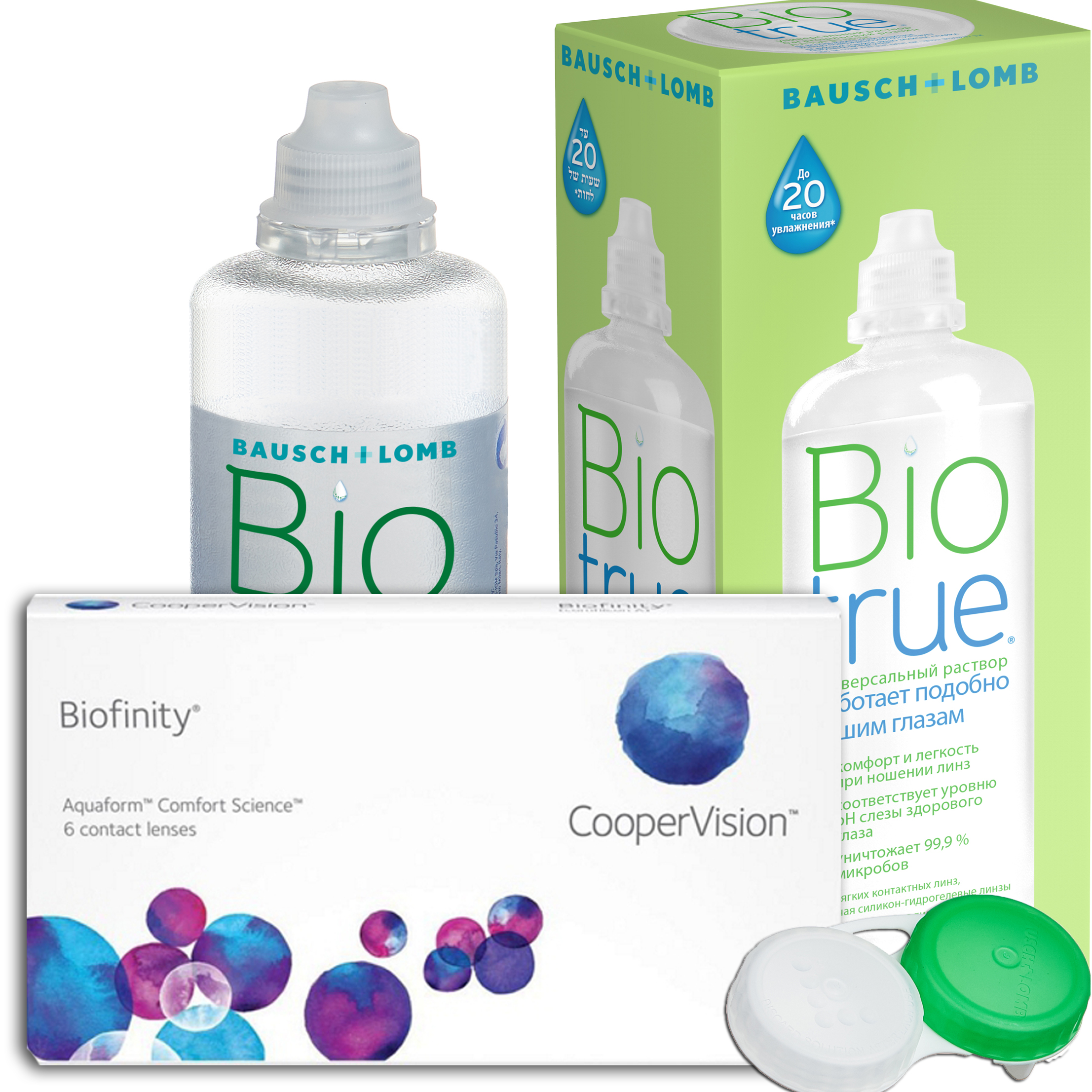 Купить Biofinity 6 линз + Biotrue, Контактные линзы Biofinity 6 линз R 8.6 -3, 50 + Раствор Biotrue 300 мл
