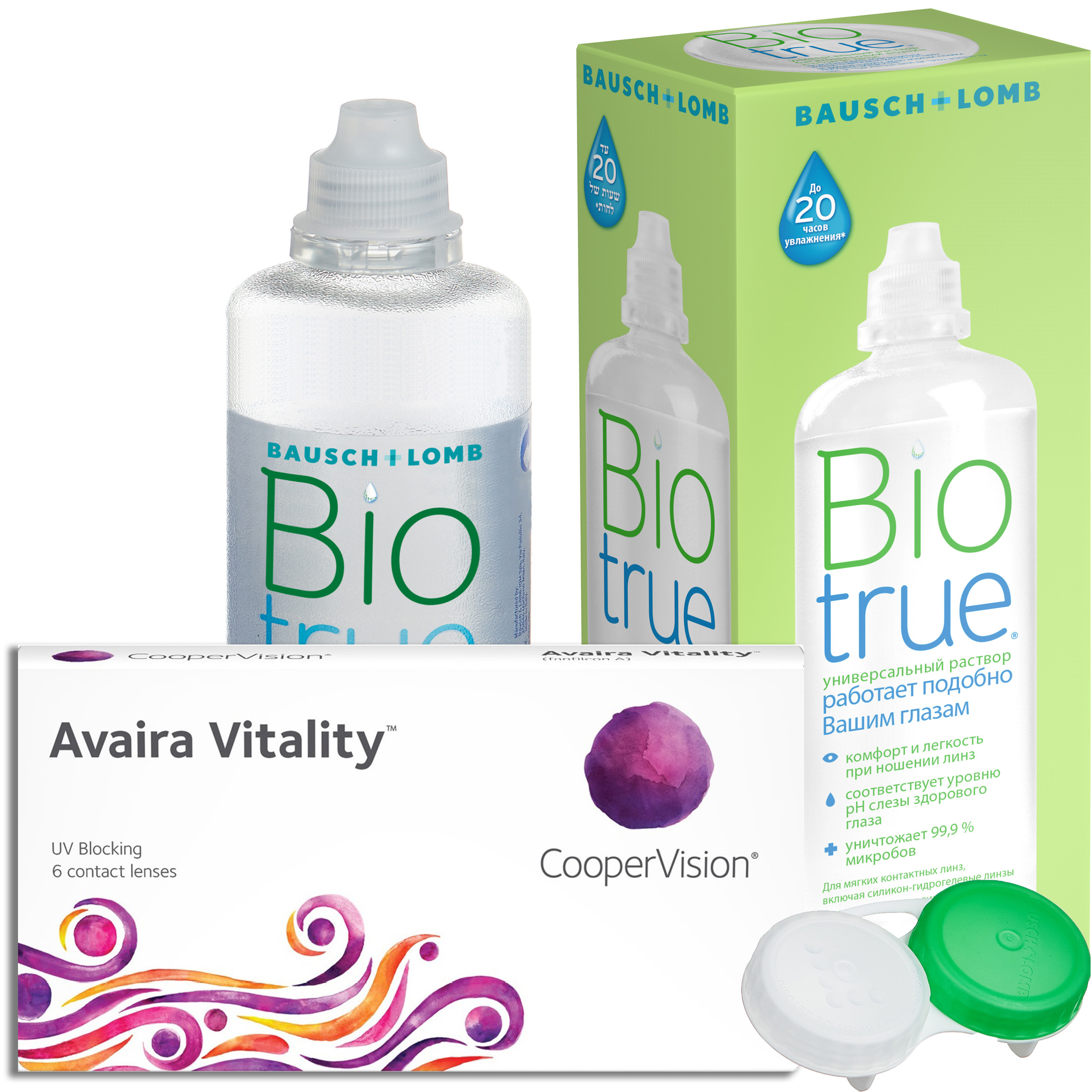 Купить Avaira Vitality 6 линз + Biotrue, Контактные линзы Avaira Vitality 6 линз R 8.4 -12, 00 + Раствор Biotrue 300 мл