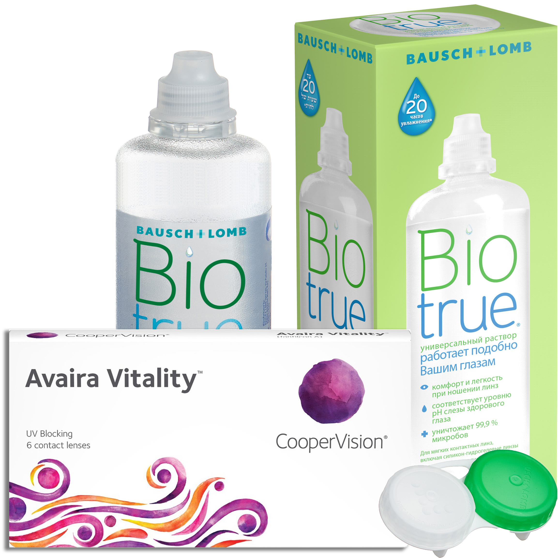 

Контактные линзы Avaira Vitality 6 линз R 8.4 -3,75 + Раствор Biotrue 300 мл, Avaira Vitality 6 линз + Biotrue