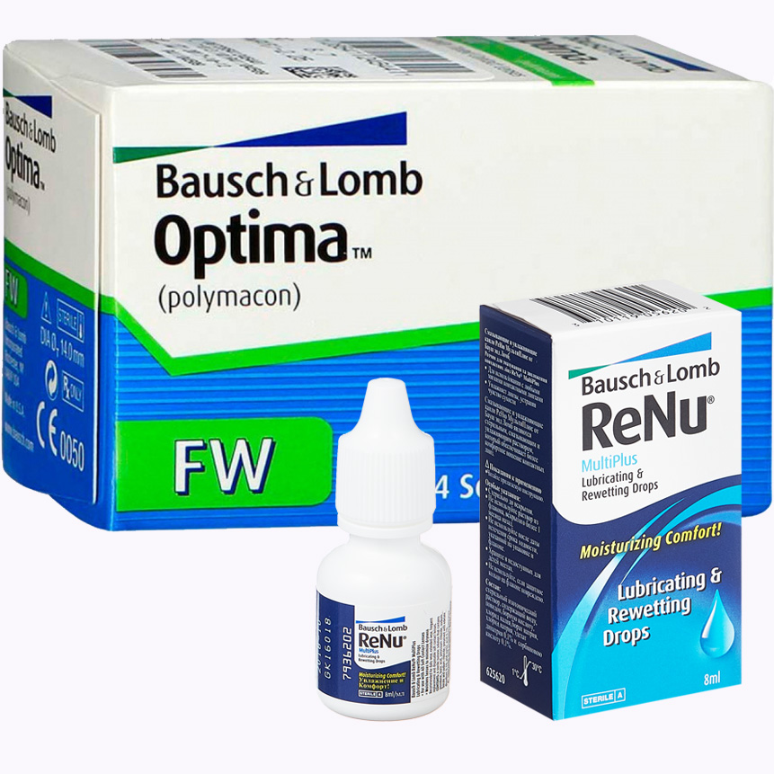 фото Контактные линзы optima fw 4 линзы r 8.7 -9,00 + капли renu multiplus 8 мл