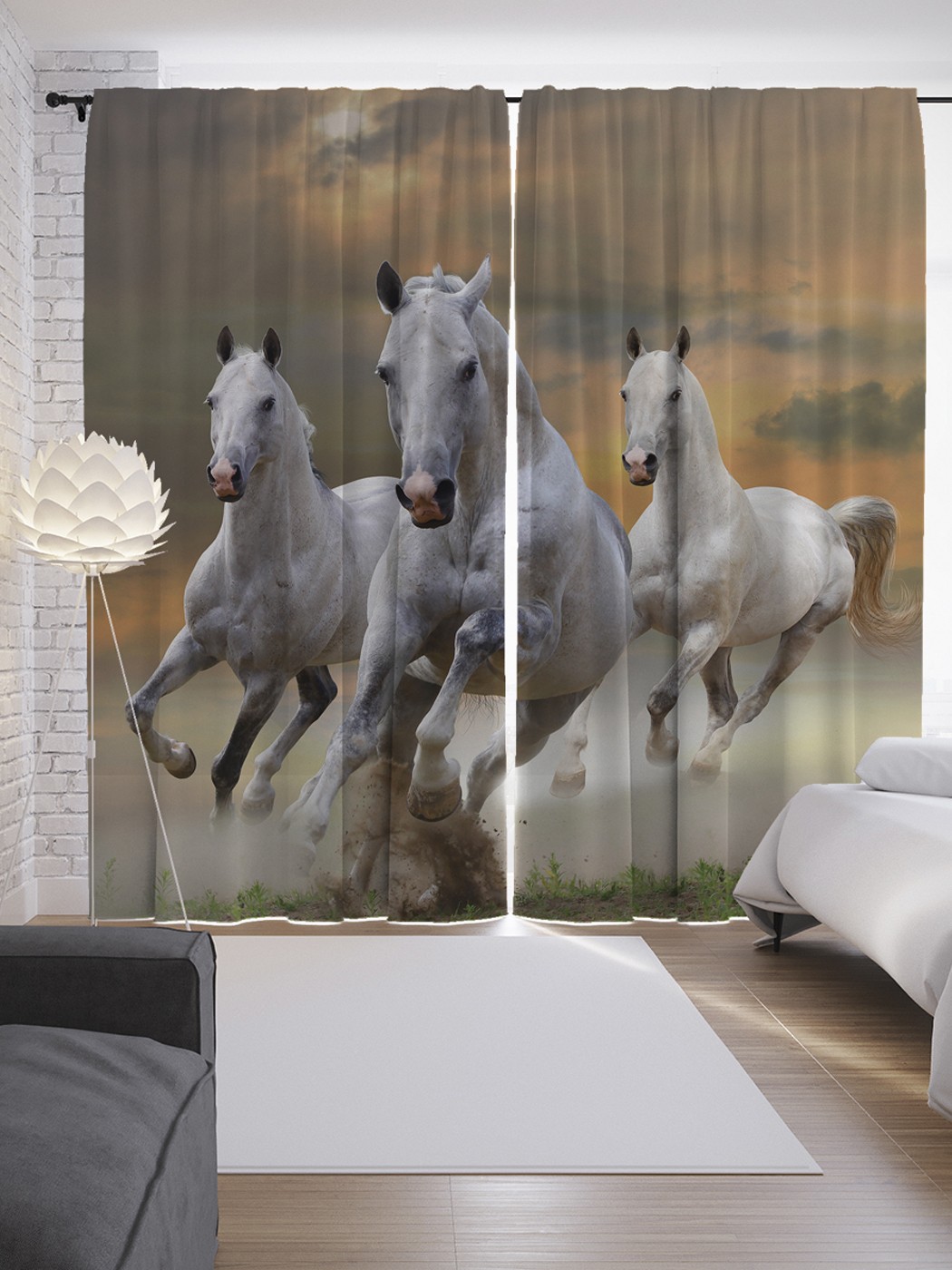 фото Шторы с фотопечатью "бегущие лошади" из сатена, 290х265 см joyarty