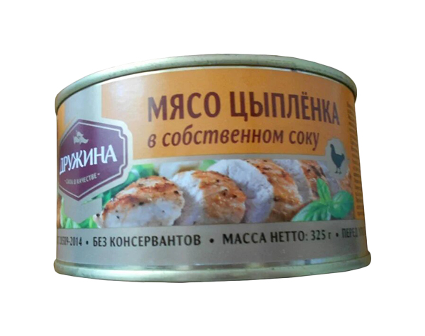 

Мясо цыпленка Дружина в собственном соку гост 325 г, гост
