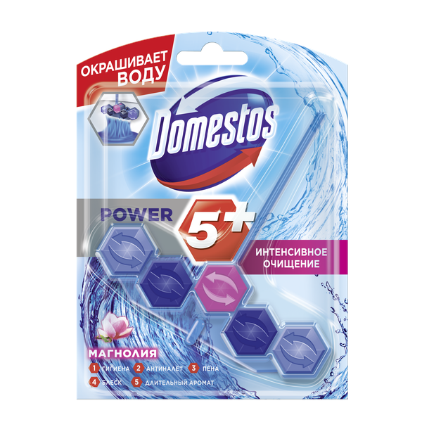 фото Блок для очищения унитаза power 5+ видимая защита магнолия domestos