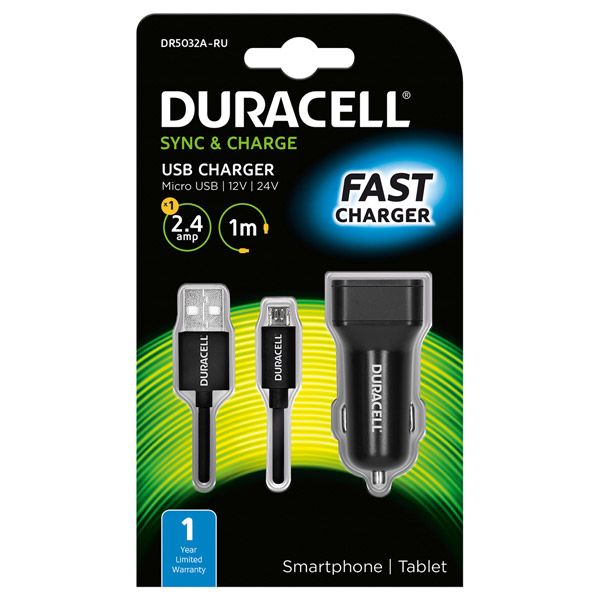 

Автомобильное зарядное устройство Duracell USB/2.4А Black+mUSB 1м