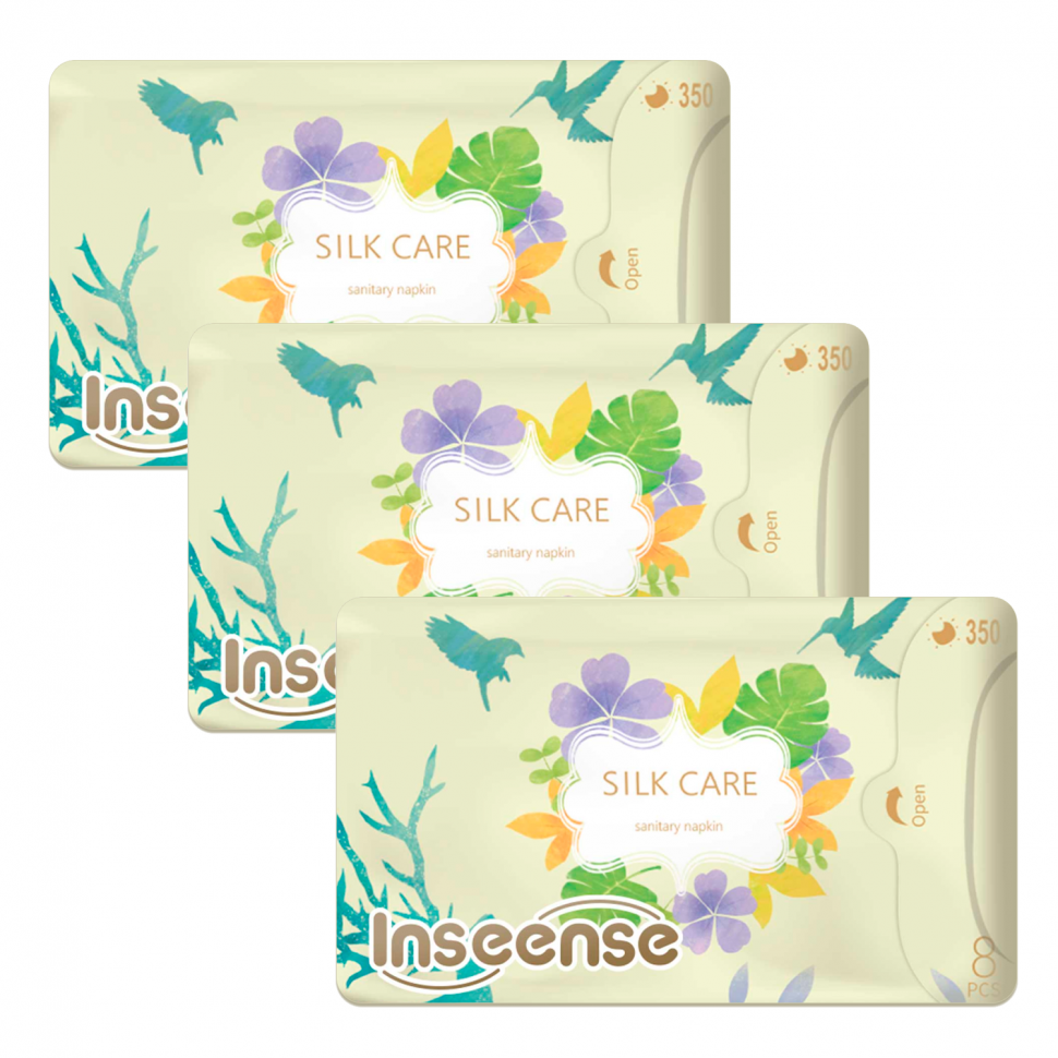 Прокладки INSEENSE Silk Care гигиенические ночные плюс 7 капель 350 мм, 3 упаковки по 8 шт inseense прокладки женские гигиенические дневные silk care 10