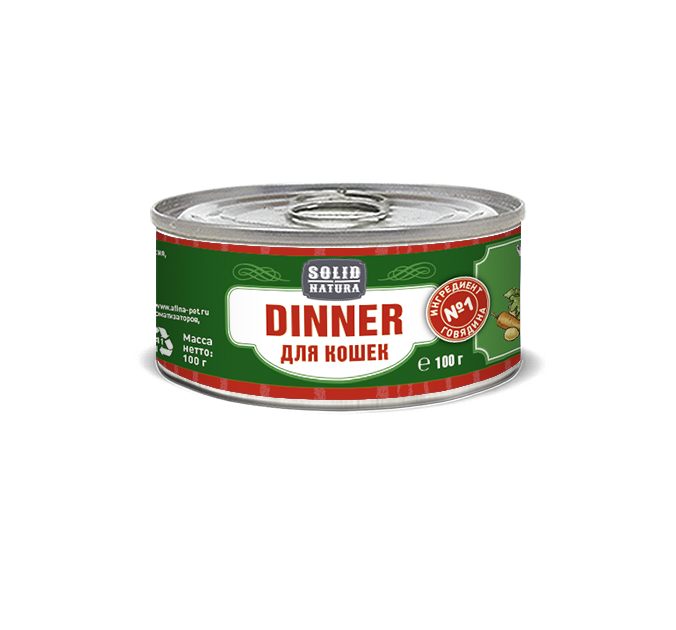 

Консервы для кошек SOLID NATURA Dinner, беззерновые, с говядиной, 100г, Dinner