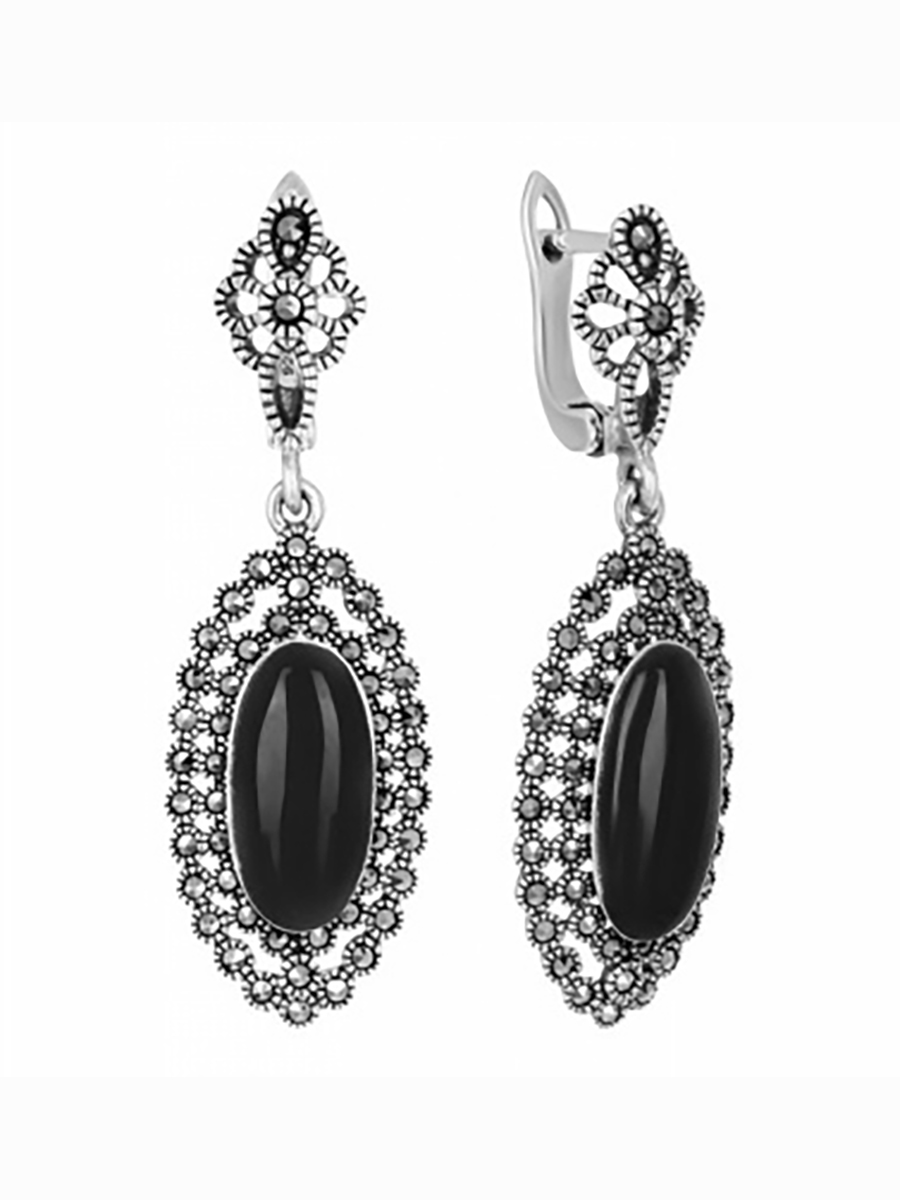

Серьги с марказитами и ониксами из серебра Марказит HE1055-7019, HE1055-7019