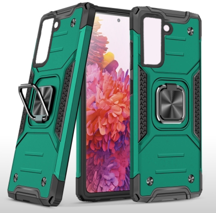 Противоударный чехол на Samsung Galaxy S21FE с кольцом держателем подставкой зеленый