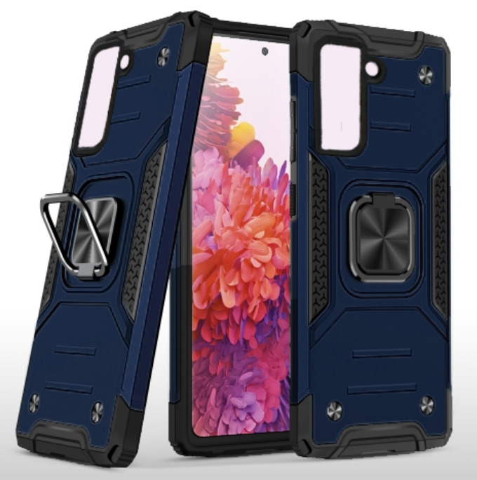 

Противоударный чехол на Samsung Galaxy S21FE кольцом держателем на палец подставкой синий, накладка для телефона Самсунг Галакси С21ФЕ