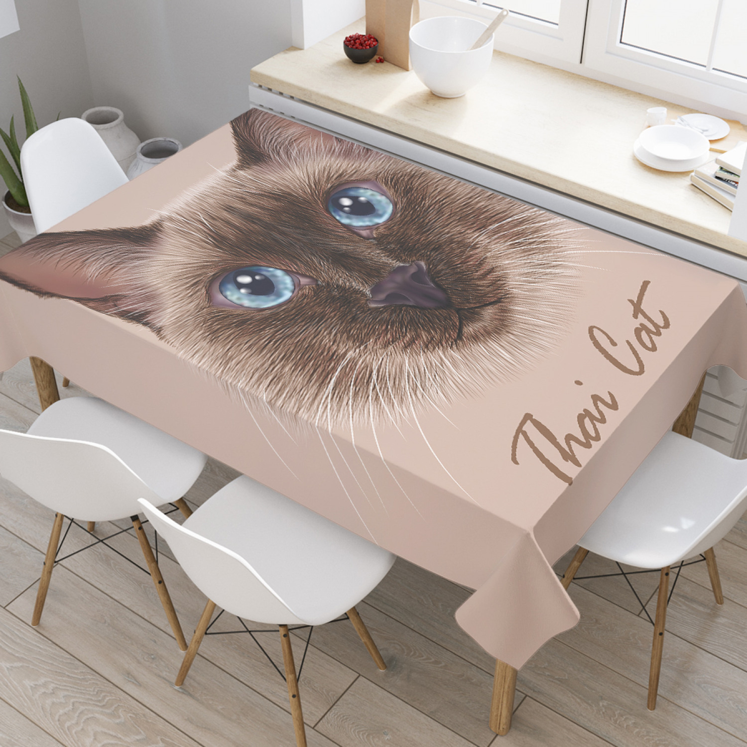 

Скатерть прямоугольная JoyArty "Тайский кот" из оксфорда, 180x145 см, Бежевый, Тайский кот